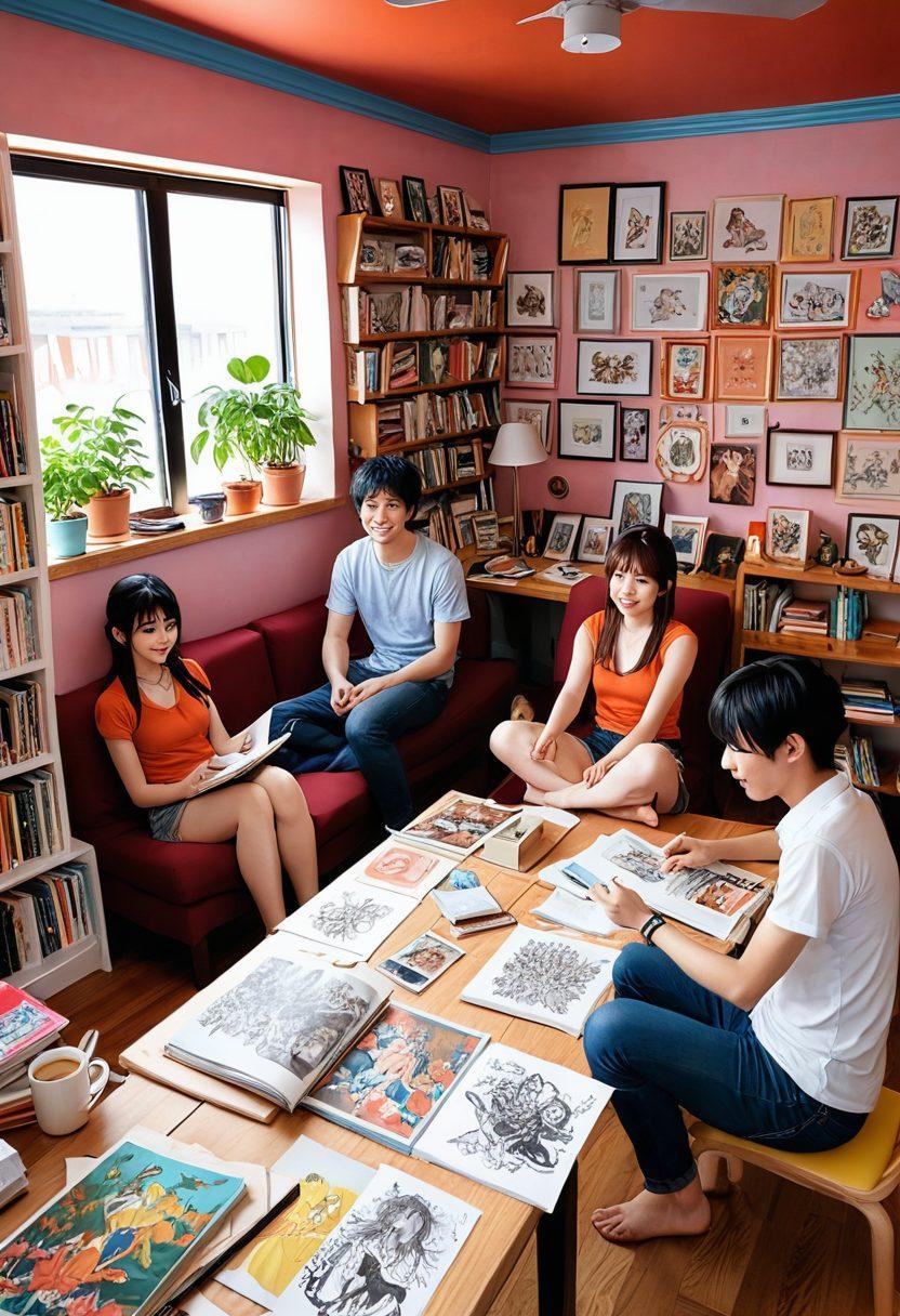 A captivating and colorful illustration of a diverse group of people engaged in various art forms inspired by hentai, set in a vibrant, whimsical studio filled with sketches and manga books. Lighthearted expressions on their faces, showcasing creativity and camaraderie, while subtle hints of adult themes are cleverly integrated into the artwork around them. The atmosphere is both playful and artistic, hinting at the complexity of hentai's role in adult entertainment. vibrant colors. 3D. whimsical art.